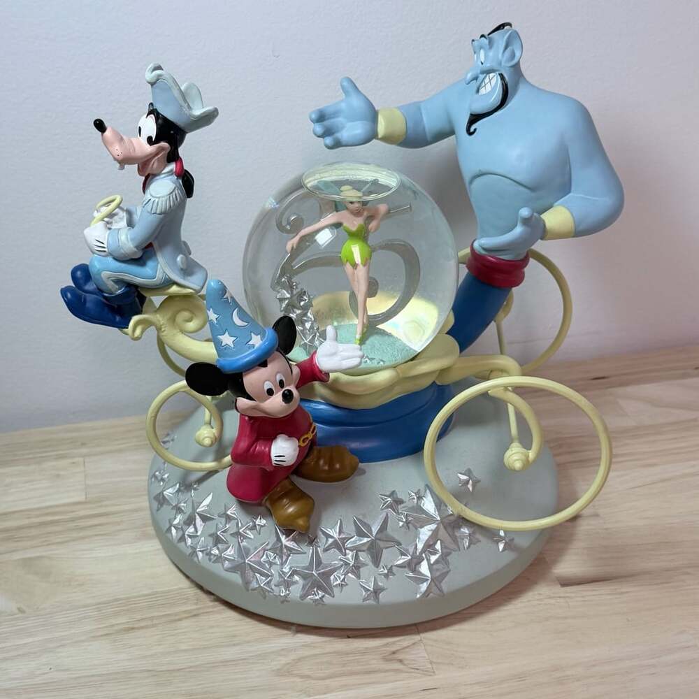 Disney 25th Anniversary Musical Snowglobe Mickey Goofy Genie Tinker Bell